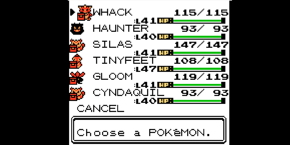 Screenshot of my party during my second Elite Four attempt: Haunter and Cyndaquil on level 40, Umbreon, Gloom, and Marowak on 41, and Dratini on 47.