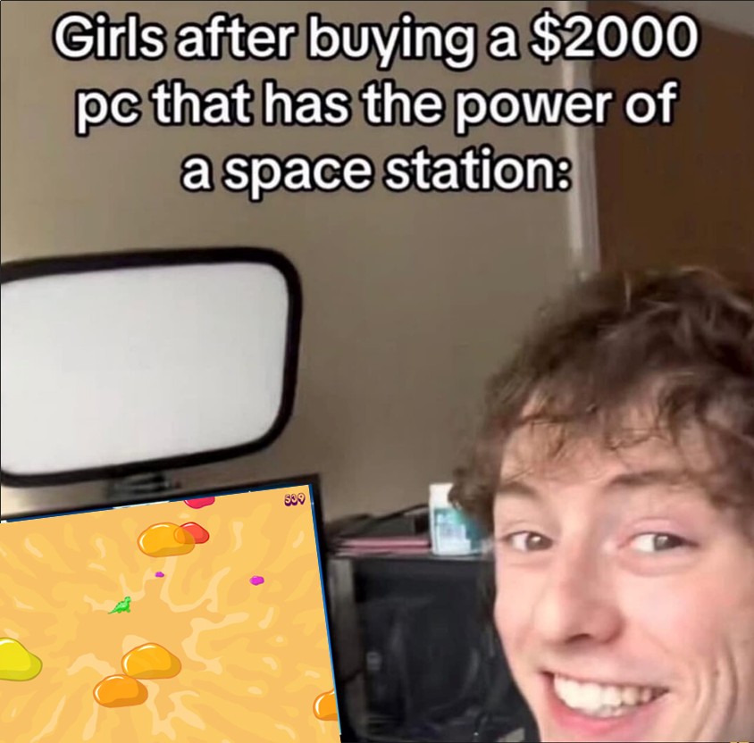 Meme of guy grinning at camera with a computer screen behind him. Top text says 'Girls after buying a $2000 pc that has the power of a space station'. The image is edited to look like he is playing Jelly Blobs of Doom.